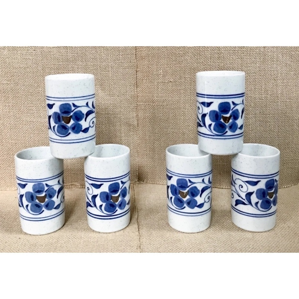 Vintage Hacienda By Hozan Otagiri Handleless Mug Set Speckled Blue Floral Cups